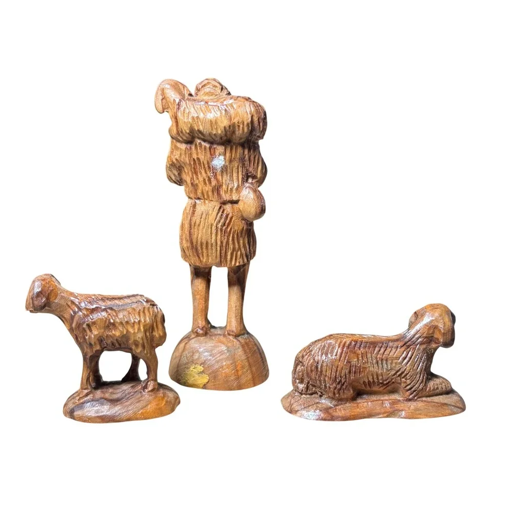 Antique Hand Carved Olive Wood Nativity Set 12 Piece Jerusalem Signed‎ by Artist